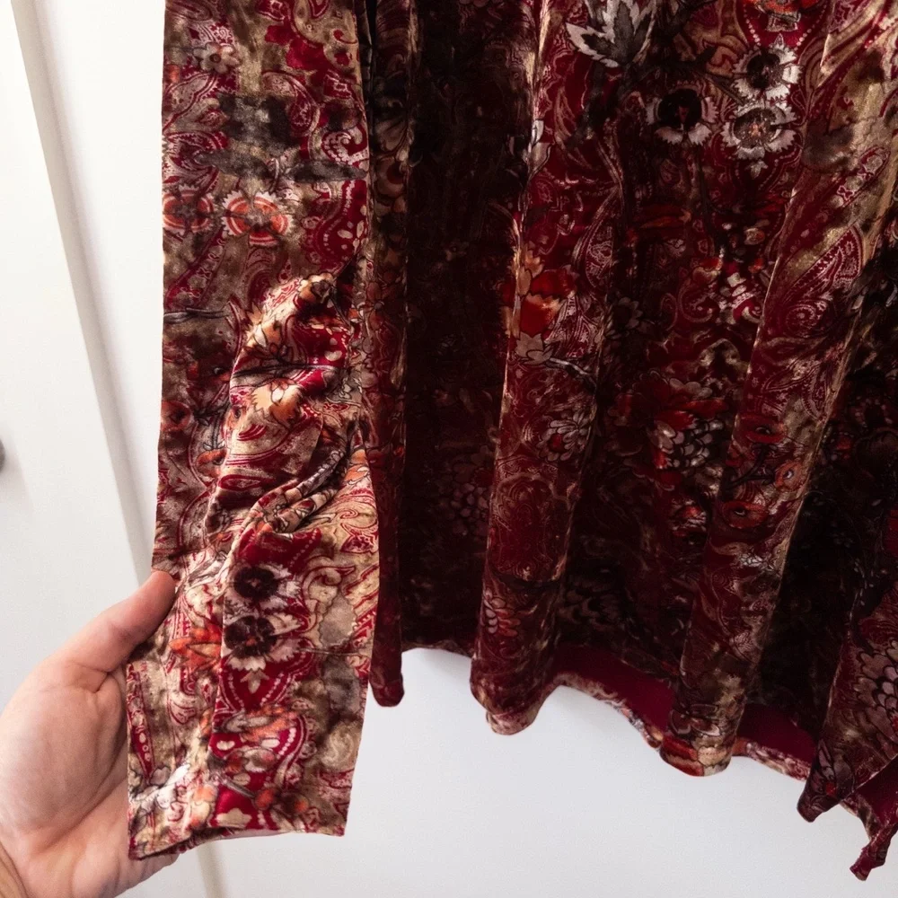 Vintage 90s Velvet Floral Top Womens L Dark Red Gold Paisley Witchy Romantic - Picture 4 of 11